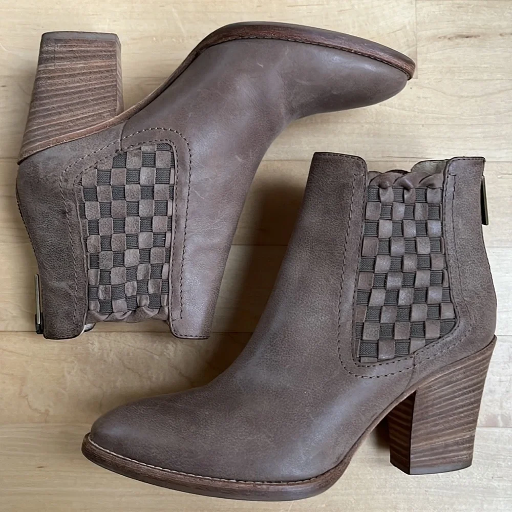Aquatalia Basket-Weave Tan Leather Frannie Weatherproof Ankle Heeled Booties - Picture 8 of 15